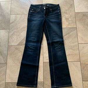 Dark wash, stretchy, straight leg jeans
